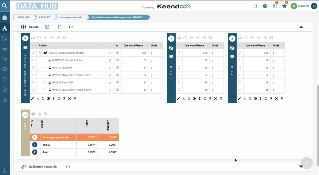 Écran du PLM Keendoo comparant deux essais de recette à la version de référence, avec le prix de revient au kilo recalculé pour chacun.